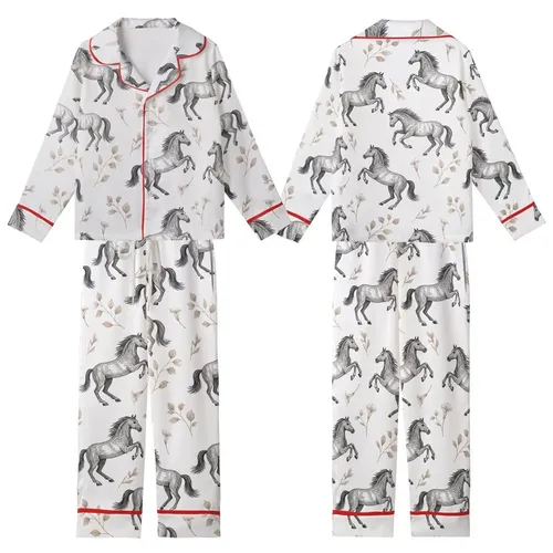 Equestrian Dream: Dynamic Etched Horses & Calla Lily Botanical Art Piece Kid Satin Pajamas Set