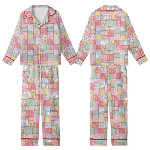 Pastel Dreamer's Patchwork: Intricate Paisley Floral Mosaic - Cheerful Wearable Art Kid Satin Pajamas Set