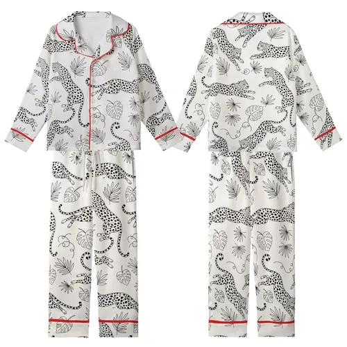 Leopard Lover: Dynamic Leaping Leopard Outline Print with Jungle Vines Off-White Statement Layer Kid Satin Pajamas Set
