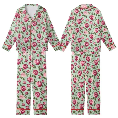 Women's Romantic Rose Garden: Pale Pink & Crimson Blooms with Olive Leaves on Light Mint Kid Satin Pajamas Set
