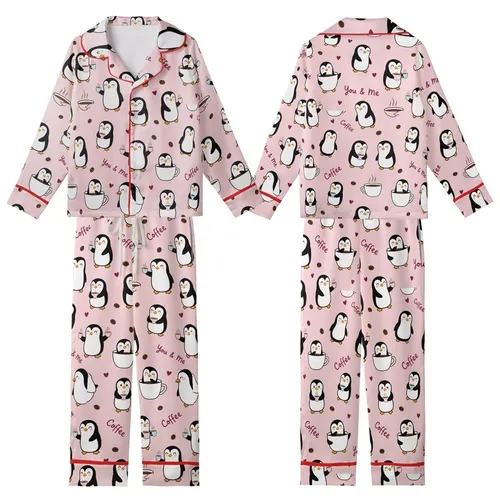 Whimsical Pastel Pink Penguin & Coffee Mugs Lounge Wear with You & Me Hearts Kid Satin Pajamas Set