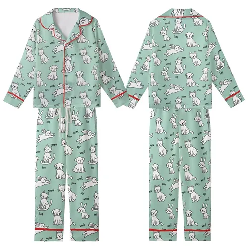 Pet Lover's Whimsical Hand-Drawn Cats Puppies Bunnies Motif: Mint Green 'Meow Woof Purr Hop' Kid Satin Pajamas Set