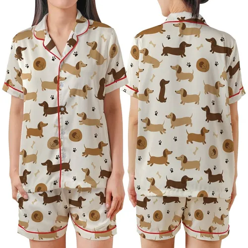Dachshund Lover's Playful Hand-Drawn Sausage Dog Pattern Satin Short-Sleeve Pajamas Set