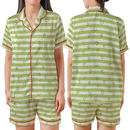 Joyful Wearer's Off-White & Muted Lime Striped, Olive Green Smileys, Hearts & Stars Soft Knit Layer Satin Short-Sleeve Pajamas Set