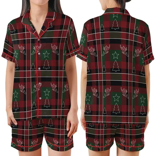 Festive Holiday Wear: Classic Tartan Plaid Crimson Red & Forest Green with Reindeer Antlers, Stars, Trees Satin Short-Sleeve Pajamas Set