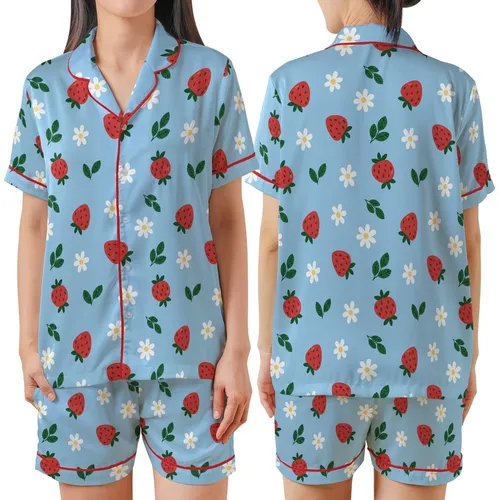 Cheerful Scattered Red Strawberries & White Daisies - Pastel Blue Everyday Wearable Satin Short-Sleeve Pajamas Set