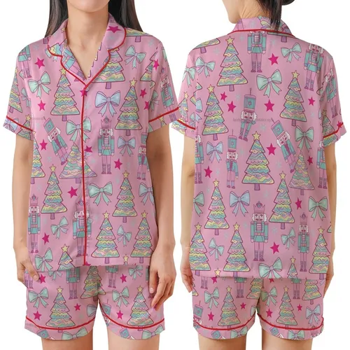 Whimsical Christmas: Bubblegum Pink Nutcracker Soldier & Festive Tree All-Over Pattern Satin Short-Sleeve Pajamas Set
