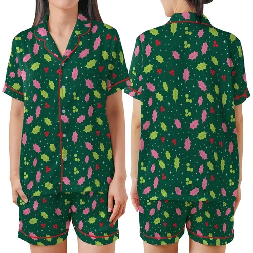 Holiday Cheer: Vibrant Pink Lime Holly Berry Star Deep Green Loungewear Satin Short-Sleeve Pajamas Set