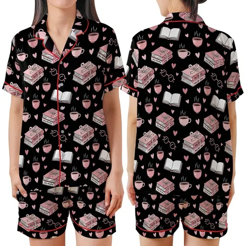 Bookish Reader Whimsical Pink Books Reading Glasses Coffee Cups Hearts Seamless Pattern Satin Short-Sleeve Pajamas Set