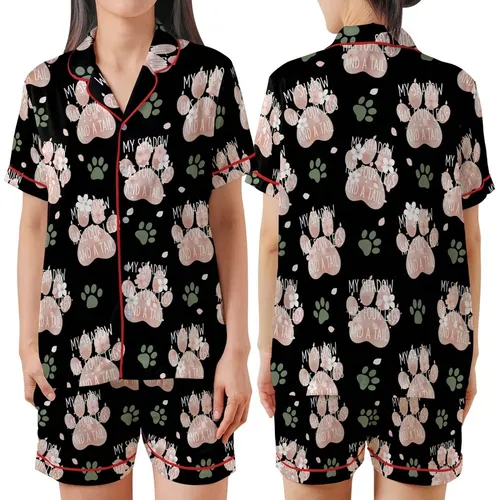 Dog Parent's Whimsical Pink Peach Paw Print Cherry Blossom 'My Shadow' Keepsake Design Satin Short-Sleeve Pajamas Set