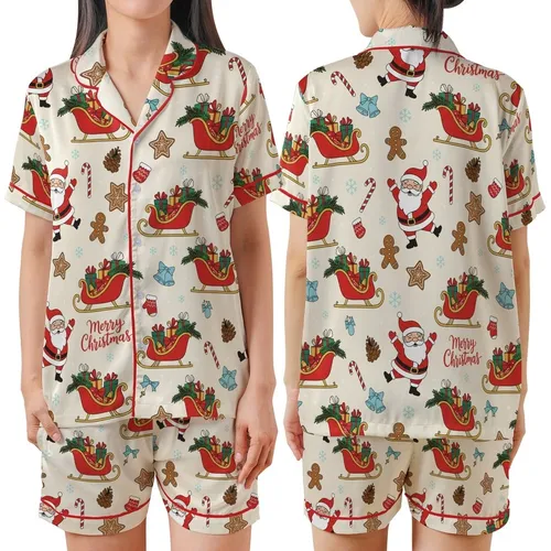 Joyful Christmas Comfort Wear: Whimsical Santa, Gingerbread & Sleigh Holiday Pattern Satin Short-Sleeve Pajamas Set