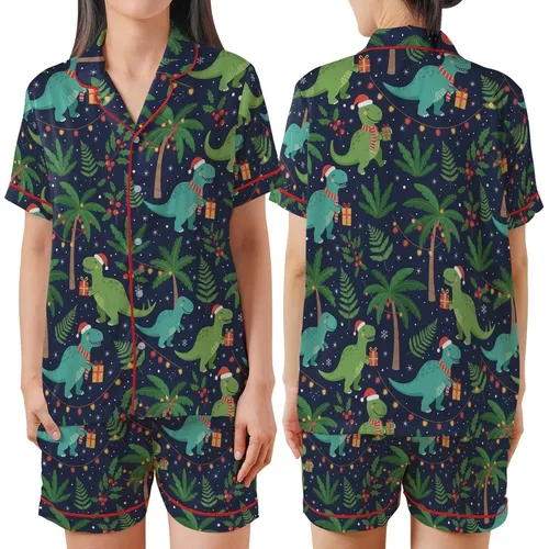 Whimsical Dinosaur Christmas: Festive Navy Jungle Scene with Santa Hats & Snowflakes Satin Short-Sleeve Pajamas Set