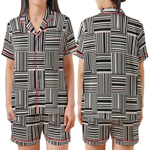 Modern Geometric Grid: Sharp-Edged Abstract Black White Coral Stripes – Minimalist Wearable Art Satin Short-Sleeve Pajamas Set