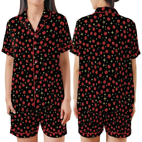 Whimsical Ruby Red Cherry & Lemon Yellow Starbursts on Solid Black Design Satin Short-Sleeve Pajamas Set