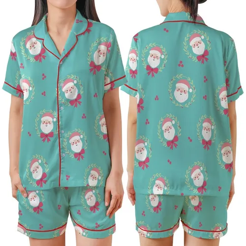 Whimsical Santa Faces: Aqua Teal Wreaths & Hot Pink Bows – Playful Holiday Fun Satin Short-Sleeve Pajamas Set