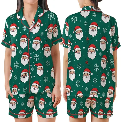 Jolly Holiday Wear: Emerald Santa & Snowflakes Pattern - Vibrant Red & White Christmas Design Satin Short-Sleeve Pajamas Set
