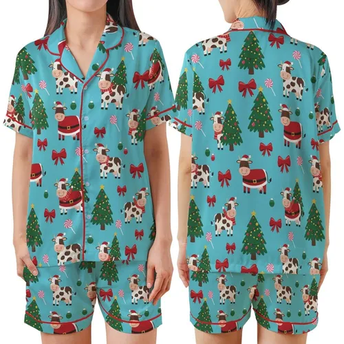 Whimsical Christmas Cows in Santa Hats, Red Bows, Lollipops, Decorated Trees on Cyan Holiday Motif Satin Short-Sleeve Pajamas Set