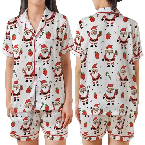 Christmas Joy Seeker: Waving Santa, Strawberry & Candy Cane Dots Pattern Festive Design Satin Short-Sleeve Pajamas Set