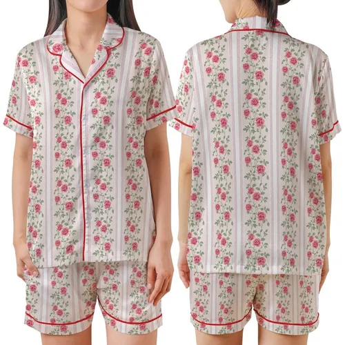 Romantic Botanical: Pure White Blush Pink Vertical Stripe, Rose Vine & Delicate Lace Garment Satin Short-Sleeve Pajamas Set
