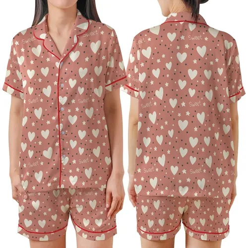 Sweet Dreams Muted Salmon Pink Hearts, Stars & Dots: Hand-Drawn 'Sweet' Script Loungewear Satin Short-Sleeve Pajamas Set