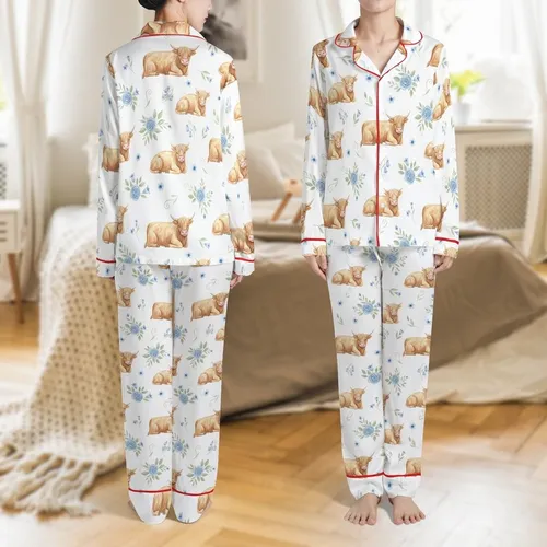 Highland Cow Fan Whimsical Watercolor Fluffy Highland Calves & Blue Rose Blooms Garment Satin Pajamas Set