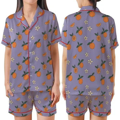 Citrus Lover's Whimsical Hand-Drawn Lavender Orange Blossom Blouse Satin Short-Sleeve Pajamas Set