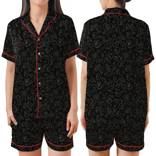 Women's Subtle Black Leopard Heart Pattern with Champagne Gold Accents Satin Short-Sleeve Pajamas Set