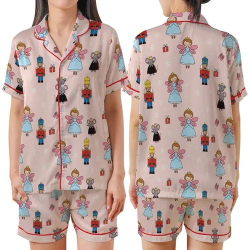 Nutcracker Ballet: Clara, Sugar Plum Fairy, Mouse King, Slippers, Gift Boxes & Snowflakes Satin Short-Sleeve Pajamas Set