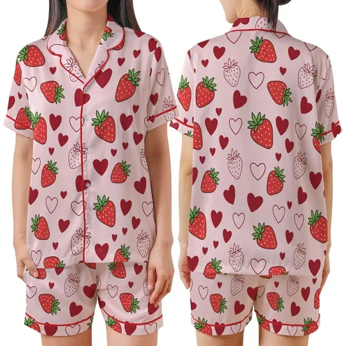 Women's Hand-Drawn Strawberry Heart Pastel Pink Satin Sleep Set Satin Short-Sleeve Pajamas Set