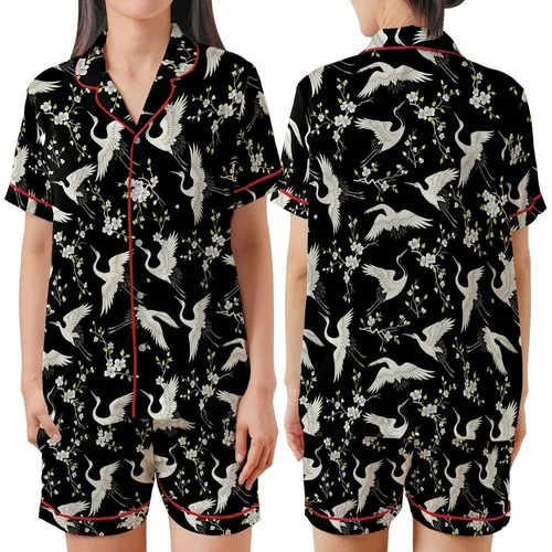 Graceful Spirit: Flying Crane, Cherry Blossom & Lime Green Leaf Satin Short-Sleeve Pajamas Set