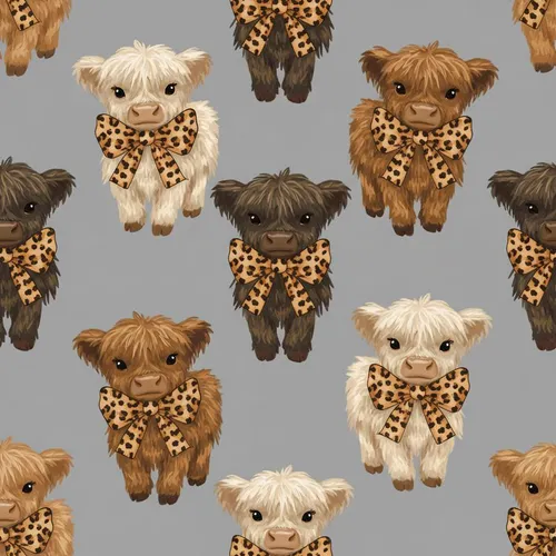 Adorable Highland Cow Calf: Fluffy Calf & Leopard Print Bow Pattern - Heather Grey Soft Essential Satin Pajamas Set