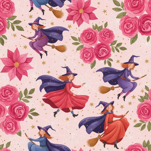 Whimsical Witch Story: Hand-drawn Cartoon Witches, Fuchsia Roses & Gold Stars on Pink Design Satin Pajamas Set