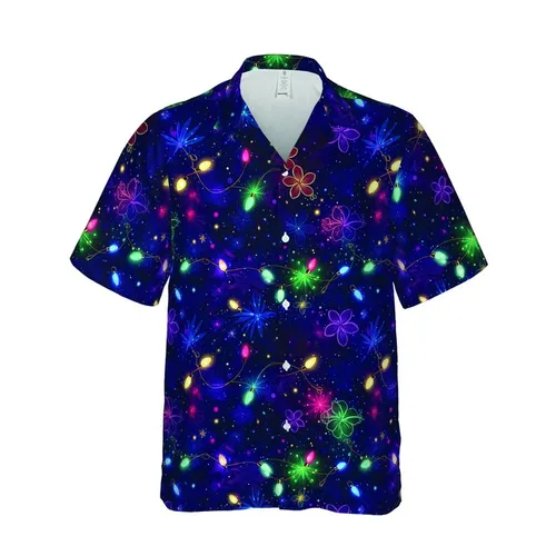 Holiday Multi-Color Christmas Lights Tropical Pattern with Cosmic Starbursts & Micro-Lights Short-sleeve Hawaiian Shirt