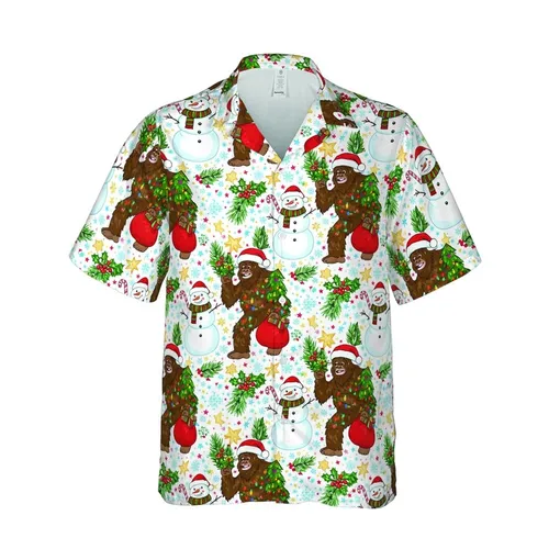 Christmas Sasquatch Hawaiian: Santa Hat Bigfoot, Snowmen, Pine, Holly, Stars Pattern Short-sleeve Hawaiian Shirt