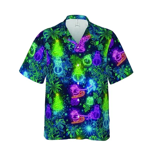 Tropical Christmas Night: Neon Trees, Flying Santa Sleigh, Snowmen, Gifts, Radiant Starbursts, Dark Teal Emerald Blue Bokeh Short-sleeve Hawaiian Shirt
