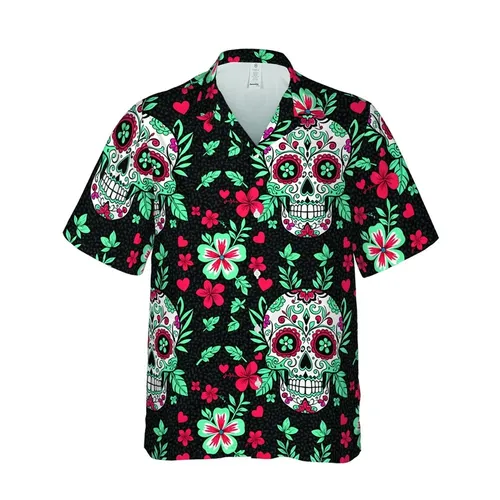 Hawaiian Skull Floral Design: Sugar Skulls, Tropical Blooms, Red Hearts, Black Mosaic, White, Turquoise, Fuchsia Short-sleeve Hawaiian Shirt