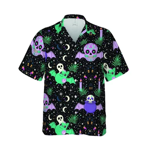 Hawaiian Teal Bat & Sugar Skull Pattern: Glowing Cauldrons, Lavender, Pink, White Short-sleeve Hawaiian Shirt
