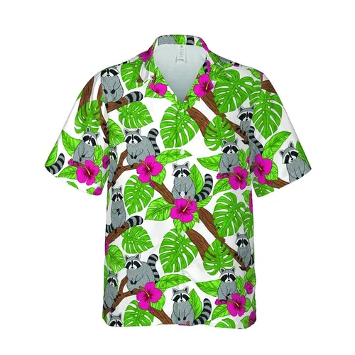 Mischievous Raccoons Hawaiian Pattern: Fuchsia Hibiscus, Tropical Green Leaves, Grey Black Short-sleeve Hawaiian Shirt