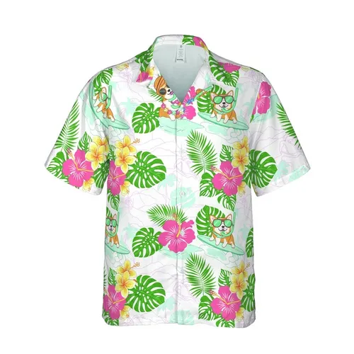 Corgi Dogs Surfing Waves Hawaiian Hibiscus Plumeria Palm Tropical Landscape Pattern Short-sleeve Hawaiian Shirt