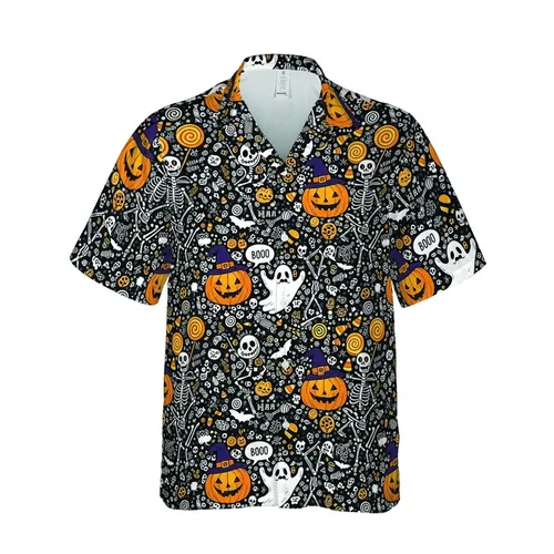 Hawaiian Halloween Jack-O'-Lantern Witch Hat Skeletons Ghosts Candy Bats Skull Print Short-sleeve Hawaiian Shirt