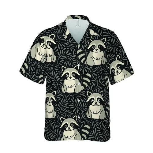 Raccoon Enthusiast Hawaiian Pattern: Cartoon Raccoon Poses, Masked Eyes, Striped Tails, Black Mosaic Textile Print Short-sleeve Hawaiian Shirt