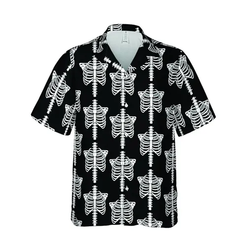 Alternative Fashion: Seamless White Skeletal Torsos Hawaiian Pattern - Deep Black Fabric Design Short-sleeve Hawaiian Shirt