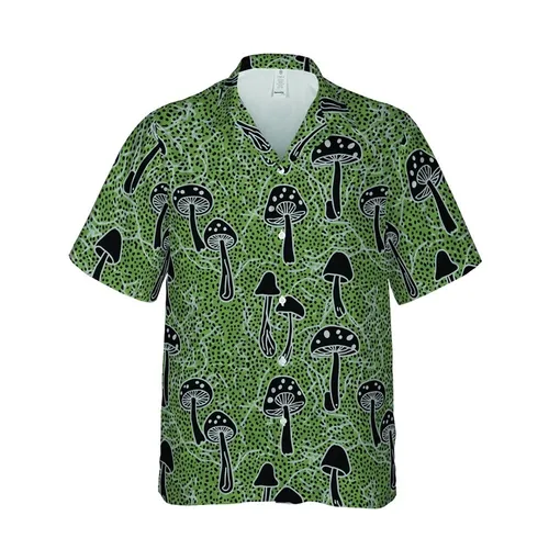 Seamless Hawaiian Assorted Fungi Motif, Olive Green Toadstools & Black Speckled Canvas Short-sleeve Hawaiian Shirt