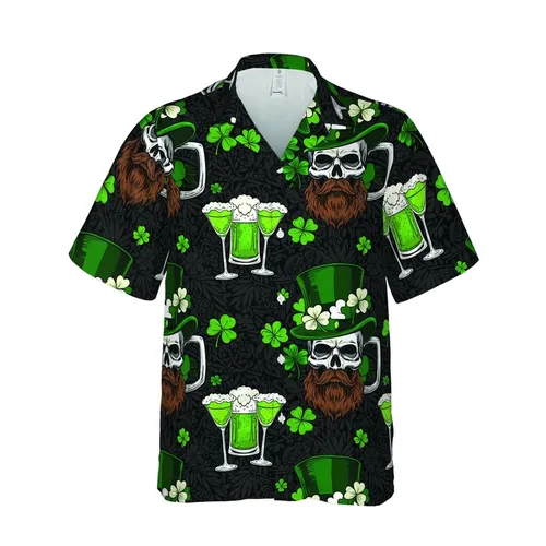 Rebel St. Patrick's Day Skull Leprechaun Hat & Green Beer Hawaiian Pattern Customizable Top Short-sleeve Hawaiian Shirt