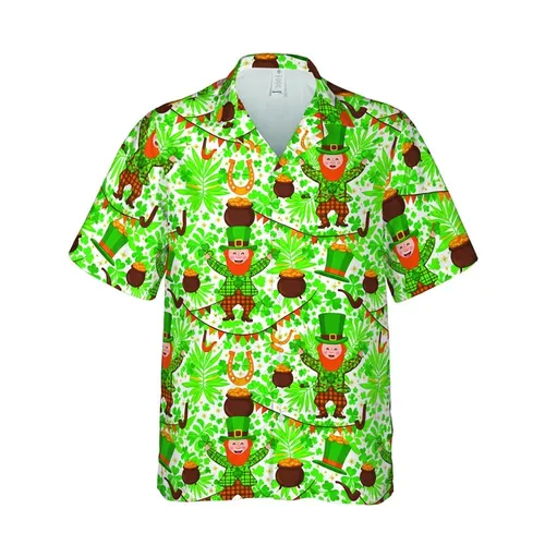 St. Patrick's Tropical Charm: Dancing Leprechauns, Gold Coins & Shamrocks Textile Short-sleeve Hawaiian Shirt