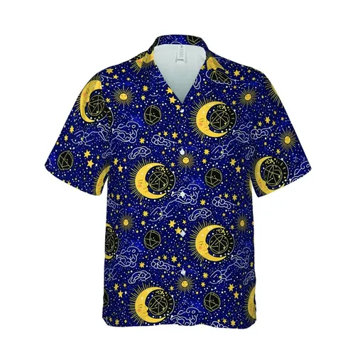 Cosmic Voyager's Golden Moon Sun Starburst Nebula Hawaiian Textile Art Design Short-sleeve Hawaiian Shirt