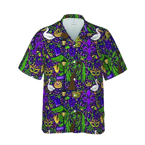 Mardi Gras Reveler Whimsical Alligator Pelican Bourbon Street Fleur-de-Lis Fabric Design Short-sleeve Hawaiian Shirt