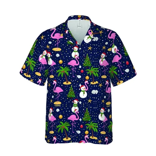Pink Flamingo Snowman Tropical Christmas: Palm Tree Lights & Seashell Holiday Scene Short-sleeve Hawaiian Shirt