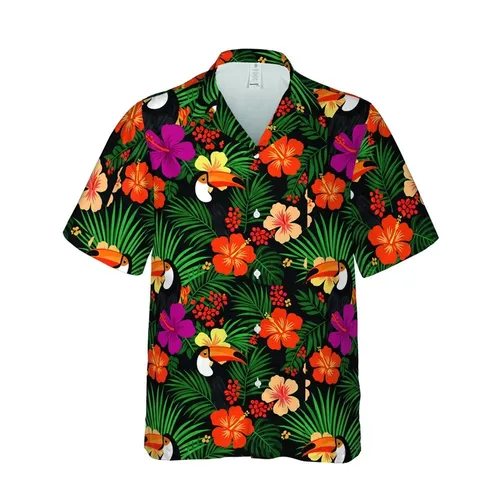 Tropical Enthusiast's Black Toucan, Fuchsia Hibiscus, Emerald Foliage Design Short-sleeve Hawaiian Shirt