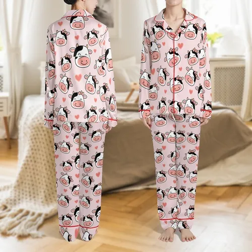 Happy Cow Lover's White & Pink Cow Heads, Hearts Pattern on Pastel Pink Attire Satin Pajamas Set